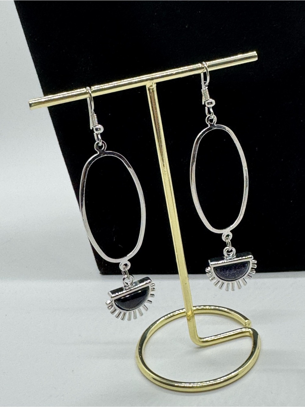Silver-Tone Oval Drop Earrings with Black Sunburst Accent